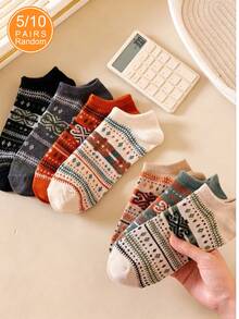 5/10 pares de calcetines de tobillo, calcetines de tripulación o calcetines invisibles a rayas vintage de colores aleatorios, adecuados para otoño/invierno - Multicolor - Ver 3