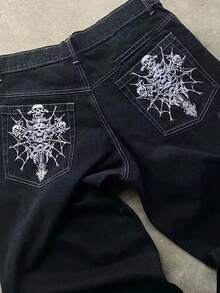 男式 Y2K 休闲宽松骷髅刺绣黑色牛仔裤，街头风格，垃圾摇滚 - 黑色 - 查看 4