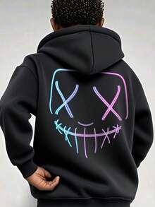 1pc Tween Boys' Casual Printed Pullover Sweatshirt, Thermal Lined, Long Sleeve, Autumn/Winter - Black - View 1