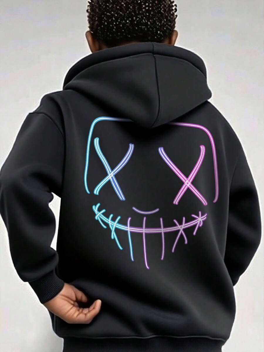 1pc Tween Boys' Casual Printed Pullover Sweatshirt, Thermal Lined, Long Sleeve, Autumn/Winter - Black - View 1