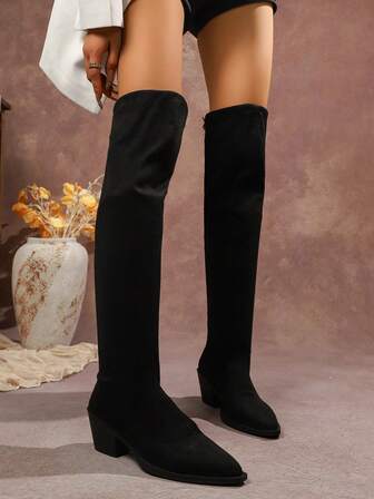 Plus Size Women's Fashion Solid Color Pointed Toe Lace-Up Thick Heel Over-The-Knee Boots