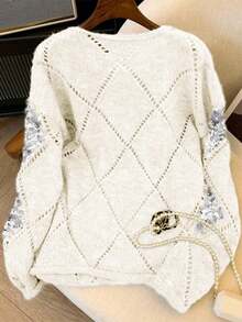 Áo len nữ EAVA cao cấp kiểu dáng cổ điển, chất liệu dệt kim mềm mại, đính sequin và họa tiết rỗng, phong cách retro, dáng rộng thoải mái, trang trí sequin. - Màu be - Xem 2