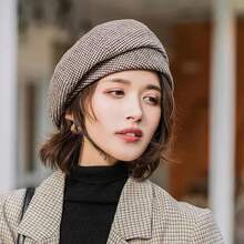 2024 Simple Women Wool Beret For Elegant Lady Winter Female Cotton Hats Plaid Vintage Octagonal Casual Autumn Cap - Cà phê - Xem 8