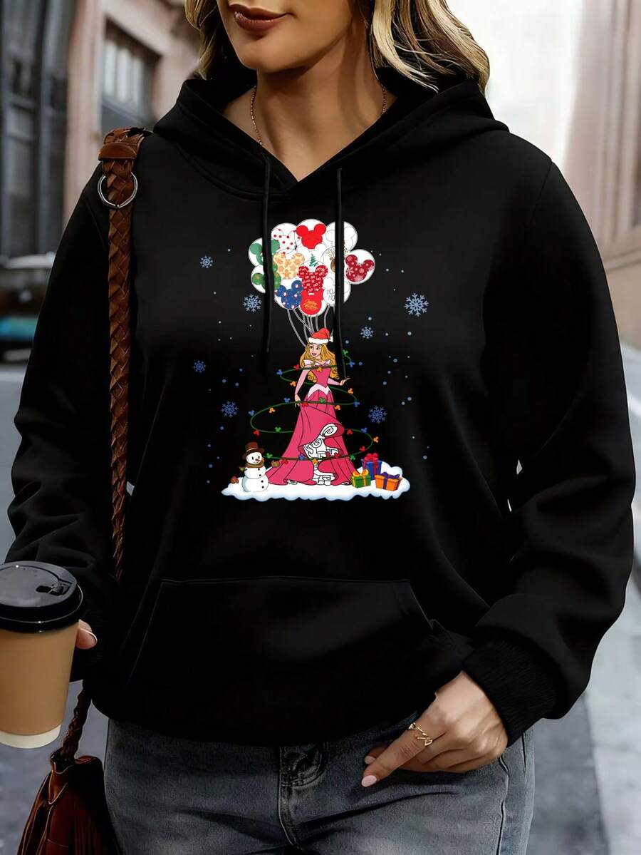 Disney Women Hoodie White Mickey Mouse Christmas Tree Balloons Snowman Gifts Holiday Party Casual Wear - Black - View 1