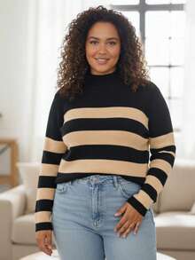 Striped Casual Wool Blouse With Ripped Details, Water Bottle, Night, Vacation, Home - 米色 - 查看 1