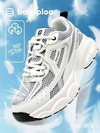 baasploa Damskie buty do biegania z siateczki Nowe buty sportowe na wiosnę i jesień, z grubą podeszwą, podwyższające, lekkie buty codzienne, buty vintage, amortyzujące, antypoślizgowe, odporne na zużycie, buty do chodzenia z miękką podeszwą, buty damskie, modne i uniwersalne buty do biegania i treningu