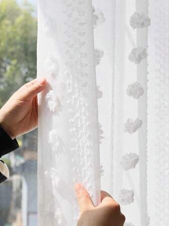 1pc White Luxury Romantic Snowflake Voile Curtain With 3D Fluffy Balls, Semi-Sheer Jacquard Drape For Living Room, Bedroom, Balcony, Office, Home Decor, All Season