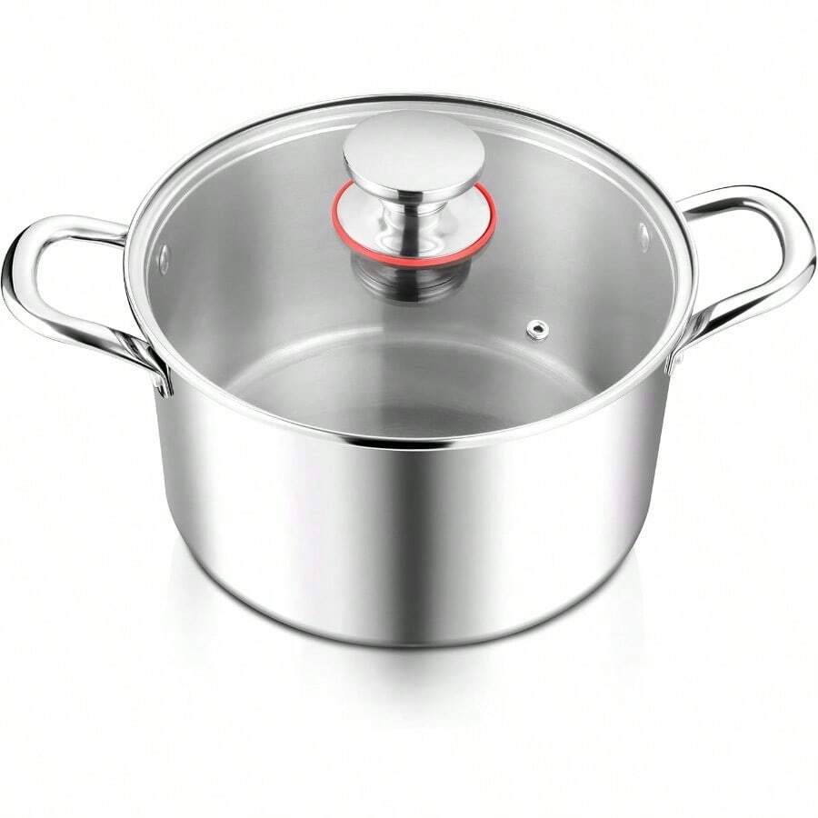 6 Quart Stock Pot With Tri-Ply Stainless Steel Construction And Glass Lid For Efficient Cooking On Induction Ceramic Electric And Gas Stoves Durable Riveted Handles Ideal For Soups Pasta And Large-Batch Meals Heavy Duty And Dishwasher - Silver - View 1