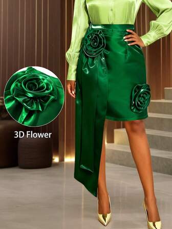 Elegante minifalda verde de Navidad para mujer con decoración floral de rosas 3D y diseño de bajo asimétrico acampanado, perfecta para fiestas