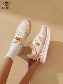 DESAI Women's Shiny Fashion Sneakers, Platform Increase Height, Versatile, Ins Thick Sole Sports Shoes, Lightweight Lace-Up, Comfortable Running Shoes, Casual Colorblock Commuting Shoes - Pink - View 5