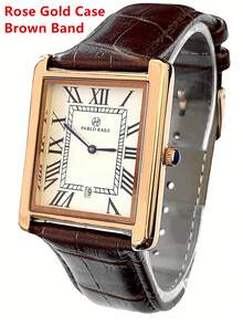 Pablo Raez 这款经典男士腕表套装包含多款产品，这款奢华的长方形男士腕表采用不锈钢复古表壳，饰以永不褪色的迷人玫瑰金点缀，搭配黑色和棕色超细纤维皮革表带，是一款时尚的男士配饰，防水深度达 50 米，并带有罗马数字日历显示，是一款绅士休闲石英腕表。