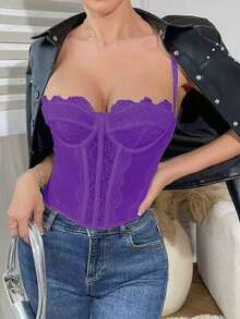 1 Áo nịt ngực ren gợi cảm cho nữ, đi chơi dự tiệc, đi chơi câu lạc bộ, có khóa cài - màu tím đậm - Xem 2