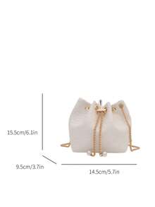 Mini New Fashion Straw Woven Gold Chain Drawstring Bucket Bag Beach Bag - White - View 2