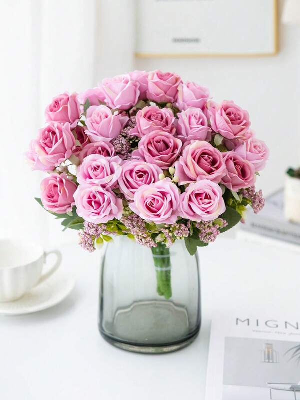 1/80pcs Silk Rose Flower Bouquet With Artificial Foam Fruits, Suitable For Autumn Decor, Valentine's Day Bridal Bouquet, Wedding Vase, Home, Restaurant, Bedroom Decor, Holiday, Birthday Party, Outdoor Garden Decor