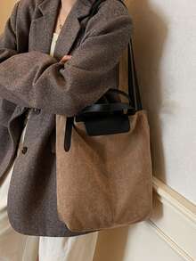 1 Pc, Contrast Color Suede Texture Women's Shoulder Handbag, Retro Casual Large Capacity Handbag, Magnetic Buckle Zipper Closure, Suitable For Travel, Shopping