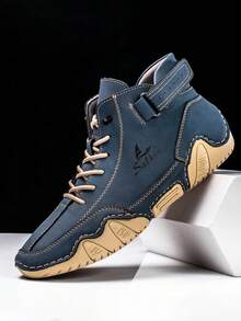 Salkin New Handmade Men's Boots With Elastic Band, Convenient Slip-On Design, Designer Sports Shoes, Men's Outdoor Casual Shoes, Affordable Brand Feel, Daily Commute Versatile Flat Shoes, Non-Slip Durable Leather Shoes, Men's Driving Ankle Boots, Holiday Gift, Soft Comfortable Breathable Spring/Autumn, Plus Size Men's Shoes, Please Order One Size Up - Navy Blue - View 1