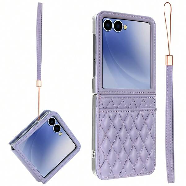 VIETAO Funda protectora de cuero con ranura para tarjeta, correa de mano y patrón de argyle compatible con Samsung Galaxy Z Flip 4 5 6 7