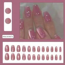 Coffin Press On Nails Pink Fake Nails Tips Full Cover Almond False Medium Cat Eyes Nails For Women 24PCS{Inchcolor_nameinch:InchNails-11inch} - 釘子-11 - 查看 6