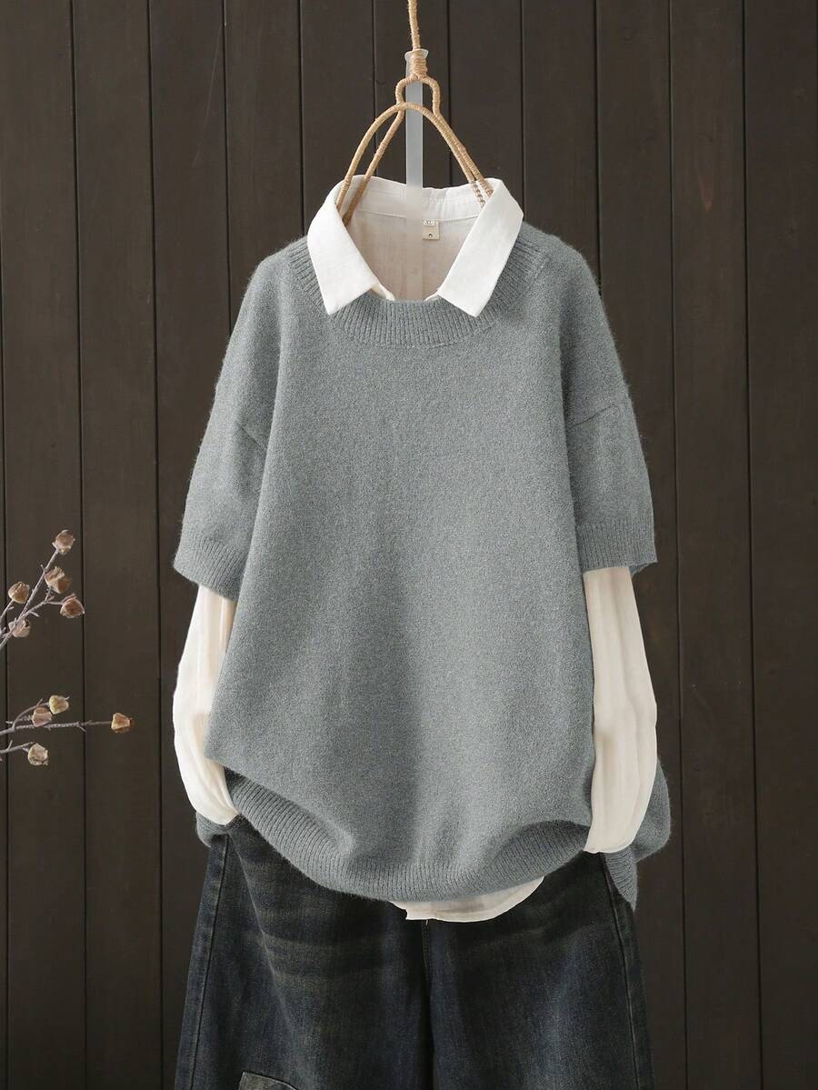 Plus Size Women's Casual Everyday Commute Simple Solid Color Round Neck Dropped Shoulder Loose Pullover Sweater (Excluding Shirt) Spring - Grey - View 1