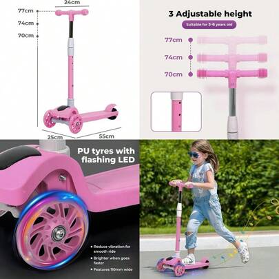 Bopeep 3 Wheeled Scooter For 3 Wheels Foldable Kick Scooter With Flashing LED Lights For Boys Girls Lean To Steer 3 Levels Height Adjustable Scooter 36 Years Old Toddler Scooter Music