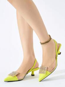 女士水钻装饰尖头露跟猫跟凉鞋，优雅舒适，适合秋冬季正式派对、婚礼、晚宴等场合，黄色高跟鞋，派对装扮，时尚鞋履 - 黃色 - 查看 4