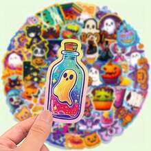 50 Halloween-Themed Stickers - Cute Pumpkin, Bat And Castle Patterns, Suitable For Laptops, Water Bottles, Suitcases, Helmets, Skateboards, Guitars - Vinyl, White - Ideal For Festivals And Rewards, Graffiti Decorations, Stationery, Motorcycles - 1 - 查看 5