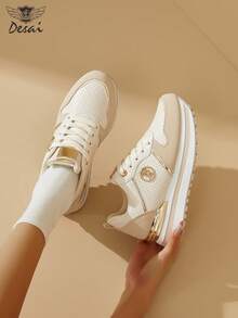DESAI Women's Shiny Fashion Sneakers, Platform Increase Height, Versatile, Ins Thick Sole Sports Shoes, Lightweight Lace-Up, Comfortable Running Shoes, Casual Colorblock Commuting Shoes - Beige - View 10