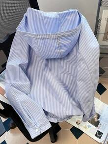 Women's Japanese Style Blue & White Striped Hooded Shirt Jacket - Elegant Loose Fit Long Sleeve Casual Outerwear, Spring/Autumn Versatile Design With Drawstring, Machine Washable - Blue - View 2