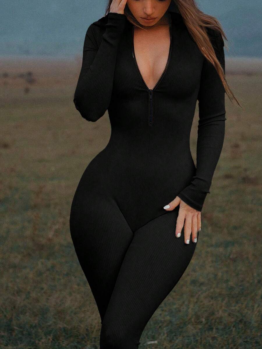 Mystra Women's Casual Contrast Ribbed Zip-Up Jumpsuit - Black - View 1