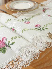 Polyester Linen Natural Table Runner, Pink Rose Cross-Stitch Embroidery, Double-Sided Wavy Hollow Crochet Lace Edge, Vintage Botanical Style Dining Table Coffee Table Tablecloth, Wedding Farmhouse Home Kitchen Decor - Multicolor - View 11