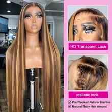 34 Zoll lange gerade Spitzenfront 4/27 Highlight Perücken aus Echthaar-Mischung, 13x4 HD transparente Spitzenfront-Mischperücken für Frauen, brasilianisches Jungfernhaar-Spitzenfront-Perücke mit 200% Dichte, vorausgerupft mit natürlicher Haaransatz und Babyhaar für Frauengebrauch