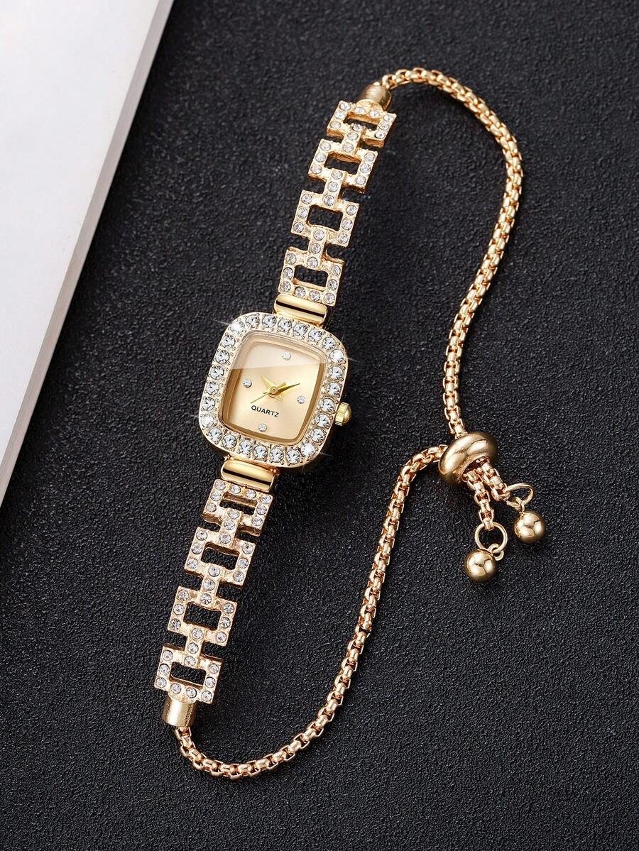 1pc Women's Square Rhinestone Dial Classic Elegant Quartz Bracelet Watch, No Watch Box Included