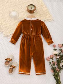 女婴碎花领长袖连体衣，婴幼儿休闲连体衣，秋冬季 - 棕色 - 查看 3