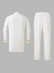 Men's White Dashiki 2-Piece Set – Gold Embroidery, Long Sleeve Shirt With Embroidered Cuffs, Elastic Waist Pants | Stylish African Fashion For Casual, Business, Weddings & Cultural Events, Men's Matching Sets - 白色 - 查看 4