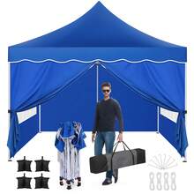 tooluck 10x10ft Pop Up Canopy Tent Heavy Duty Gazebo With 4 Sidewalls Waterproof Party Tent Easy Set-Up Commercial Instant Tents With 4 Sandbags 4 Ropes 4 Stakes & Wavy Edge,Blue - 藍色 - 查看 2