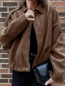 大码蝙蝠袖外套，拉链设计，银色纽扣，褶裥下摆，女士时尚柔软面料长袖街头风宽松轻薄外套，适合春秋季穿着 - 棕色 - 查看 4