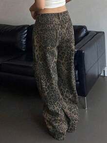 Women's Leopard Print Cargo Pants, Loose Retro Wide Leg Casual Trousers, Autumn - Black - View 7