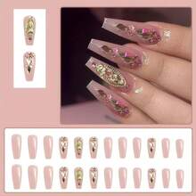 Xl Pink Press On Nails Long Coffin Nails Press Ons Gold Rhinestone Design False Nails Full Cover Arcylic Gel Fake Nails Gift For Women 24pcs{Inchcolor_nameinch:Inchnudepinkballetinch} - 裸粉芭蕾 - 查看 4