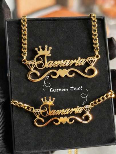 [Customized] 2pcs Personalized Simple Diamond Crown And Heart-Shaped English Name Necklace And Bracelet Set, Stainless Steel Customized Fashion Set, Customized Gift, Exquisite Gift For Girls And Boys, Mother's Day Gift, Name Necklace, Personalized Gift, Graduation Gift, Gift For Girls, Cute Customization, Unique Treasure, Girl's Gift