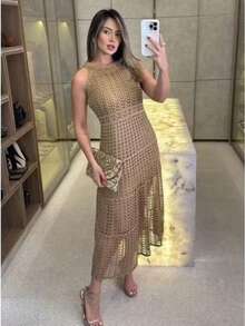 Lace Flared Dress, Beachwear, Elegant Style. - Vàng - Xem 2