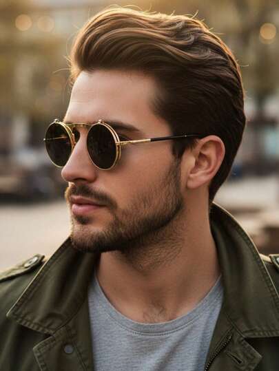 1pc Flip-Top For Men, Double Lens, Punk Style Metal Frame With Adjustable Springy Temples, Black Retro Round Fashion Glasses Suitable For Rock & Personalized