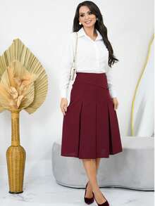 Pleated Midi Skirt With 2 Buttons, Linen Fabric 004 - Màu Đỏ Sâu - Xem 1