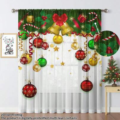 Cortina transparente elegante com estampa 2D em estilo natalino, feita de fibra de poliéster, ideal para casas alugadas, salas de estar, cozinhas e quartos. Removível e lavável à máquina. Perfeita para janelas pequenas.