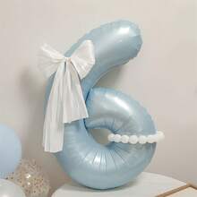 5pcs 40-Inch Blue Digital Balloon Decorations, Featuring A Bowed White Veil And A White Balloon For Decoration. Suitable For Placement At Birthday Party Gatherings, Setup For Family Gatherings And Parties, And Decoration For Various Outdoor Holiday Celebrations - Blue - View 5