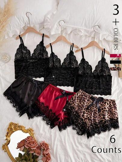 6pcs Women's Lace Pajama Set, Polyamide And Elastane Blend, Sexy Solid Color Sleepwear With Bow Detail, Mid-Rise Shorts, No Padding, Woven Fabric, Medium Support - Adult Nightwear, Pajama Set For Couples, Valentine's Day, Perspective Strap Top, Underwear, Rave