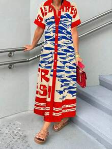 Vestido casual de primavera/verano para mujer, vestido camisa de estampado floral romántico y patchwork, adecuado para vacaciones en la playa