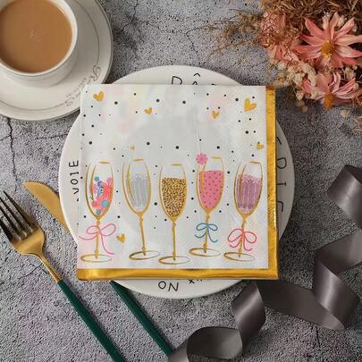 20pcs Elegant Champagne Glass Napkins With Golden Border, 13x13 Inches - Festive Party Decor For Weddings, Birthdays, And Special Occasions, Perfect For Restaurants, Kitchens, And Cafes, Pastel Party Decorations