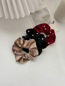 Luxurious Velvet Faux Pearl Hair Scrunchie, French Style Elegant Hair Accessory For Ponytail & Updo Hair Ties Ponytail Holders Hair Elastics Hair Rubber Bands Scrunchies Hair Rope Elastic Hair Tie, Hair Bobbles Head Accessories Elastic Band - Multicolor - View 8