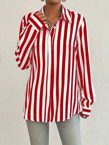 大码女式优雅条纹纽扣前开襟长袖休闲衬衫 - 紅色 - 查看 9