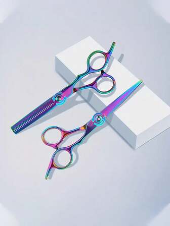 2 piezas Tijeras profesionales de acero inoxidable ligeras para cortar el cabello, adecuadas para cabello suelto/texturizado - Diseño con acabado brillante arcoíris, forma ergonómica portátil, adecuadas para uso en salón y hogar | Herramienta de peluquería de moda | Tijeras de corte de cabello | Recortadora de cabello fino para hombres y mujeres, cabello, viaje, productos para el cabello, herramientas para el cabello, artículos para el cabello, barbero, accesorios de barbería, barbería, equipos de peluquería